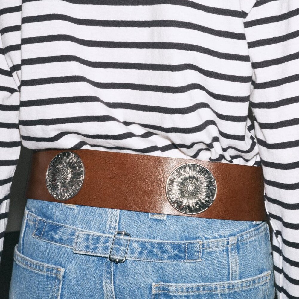 🌼 ZARA Wide Leather Floral Belt Brown Silver Metal Daisies 80